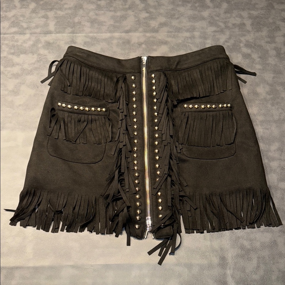 Lucky & Blessed Black Fringe Skirt - Size M - Suede
